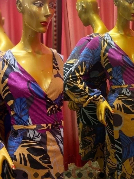 Vintage Missoni Long-Sleeve Floral Wrap Dress in Mustard, Purple & Blue - Picture 2 of 11